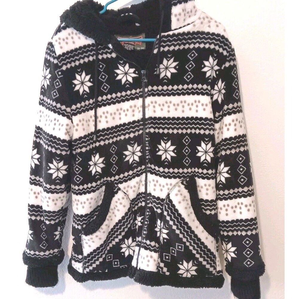 TrailCrest Sherpa Lined Full Zip Fleece Hoodie Jacket Sz S Black White Fair Isle